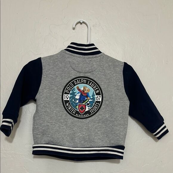 Ralph Lauren Gray Blue Bear Graphic Varsity Button Closure Jacket - Picture 4 of 9